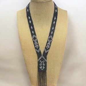 Handcrafted Ukrainian Beaded Necklace 38” - Gray White